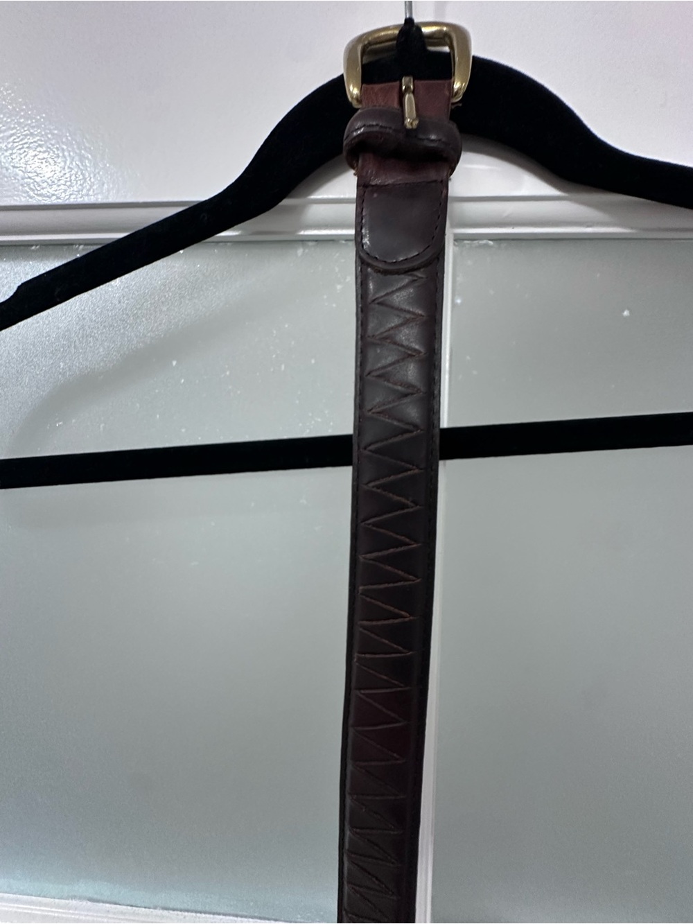 Vintage Genuine Cowhide Brown Leather Belt Solid Brass Buckle Zig Zag Stitching